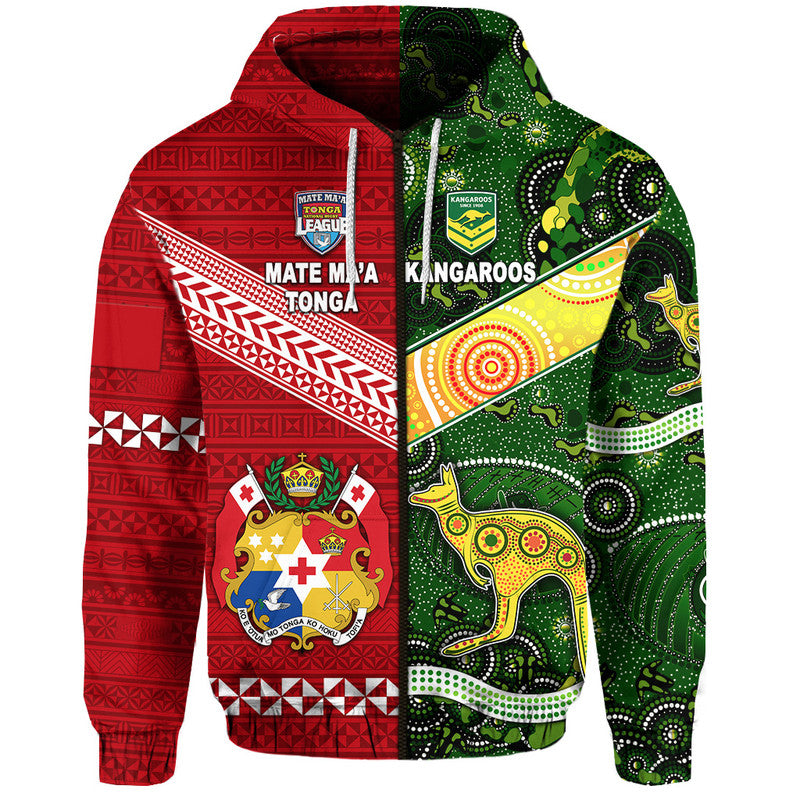 Tonga Australia Rugby Hoodie Mate Maa Ngatu and Aboriginal Kangaroos Together LT8 Zip Hoodie - Polynesian Pride