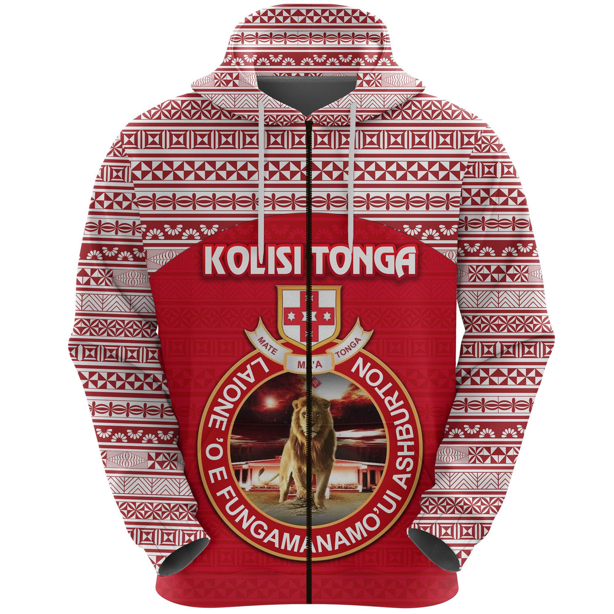 Custom Kolisi Tonga Zip Hoodie Mate Maa Tonga Simple Version Lion Ashburton, Custom Text and Number - Polynesian Pride
