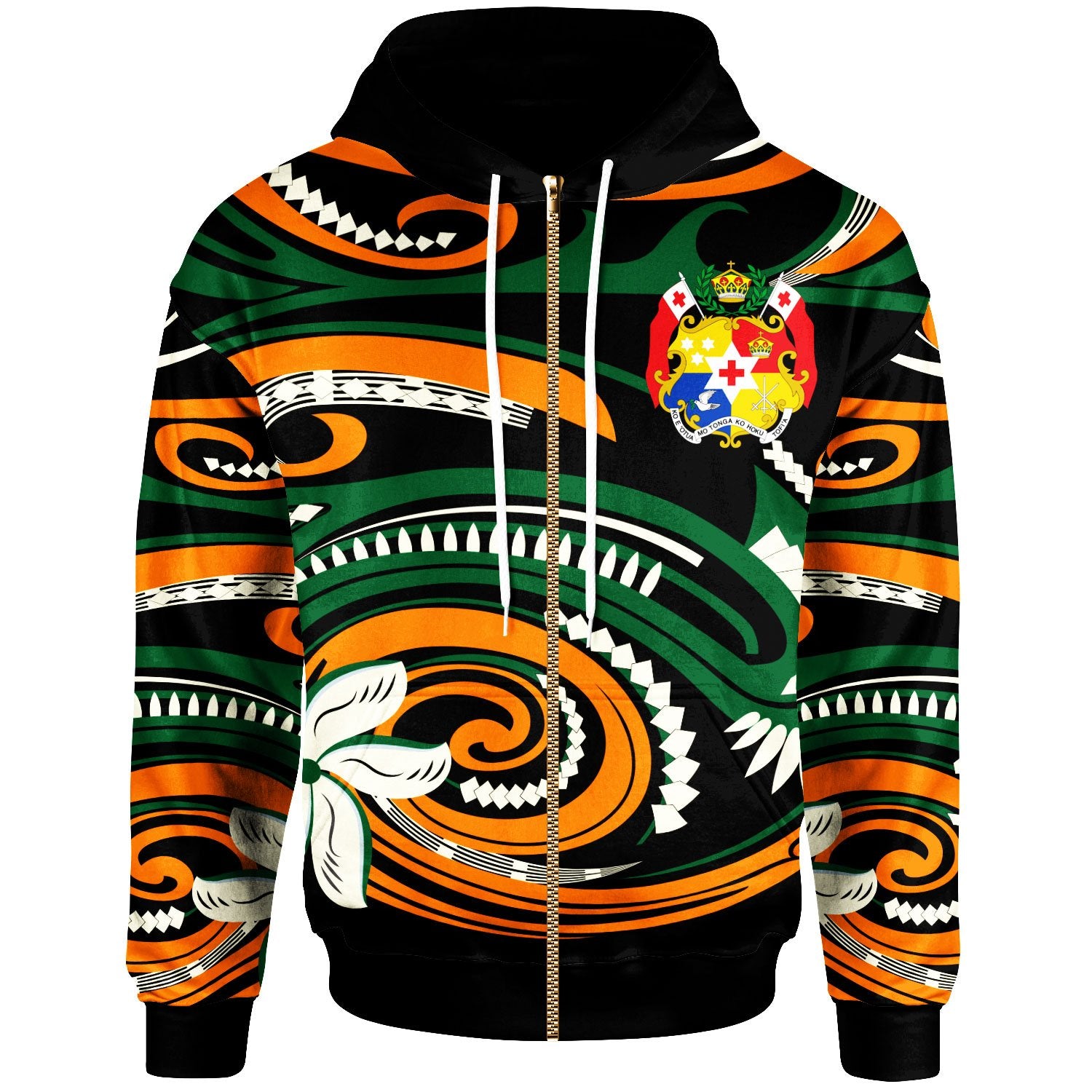 Tonga Zip Hoodie Vortex Style Unisex Green Orange - Polynesian Pride