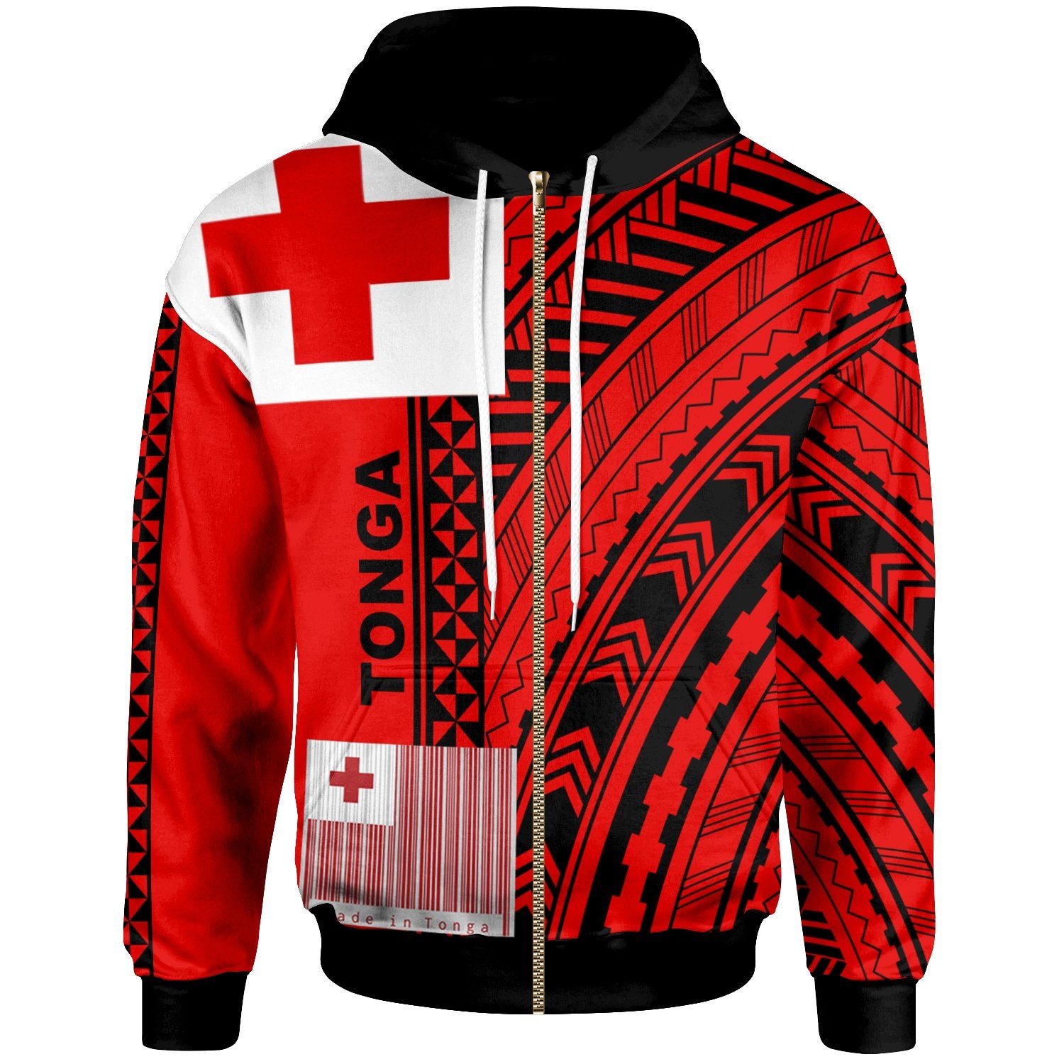 Tonga Zip up Hoodie Unique Barcode Black Red Unisex Red - Polynesian Pride