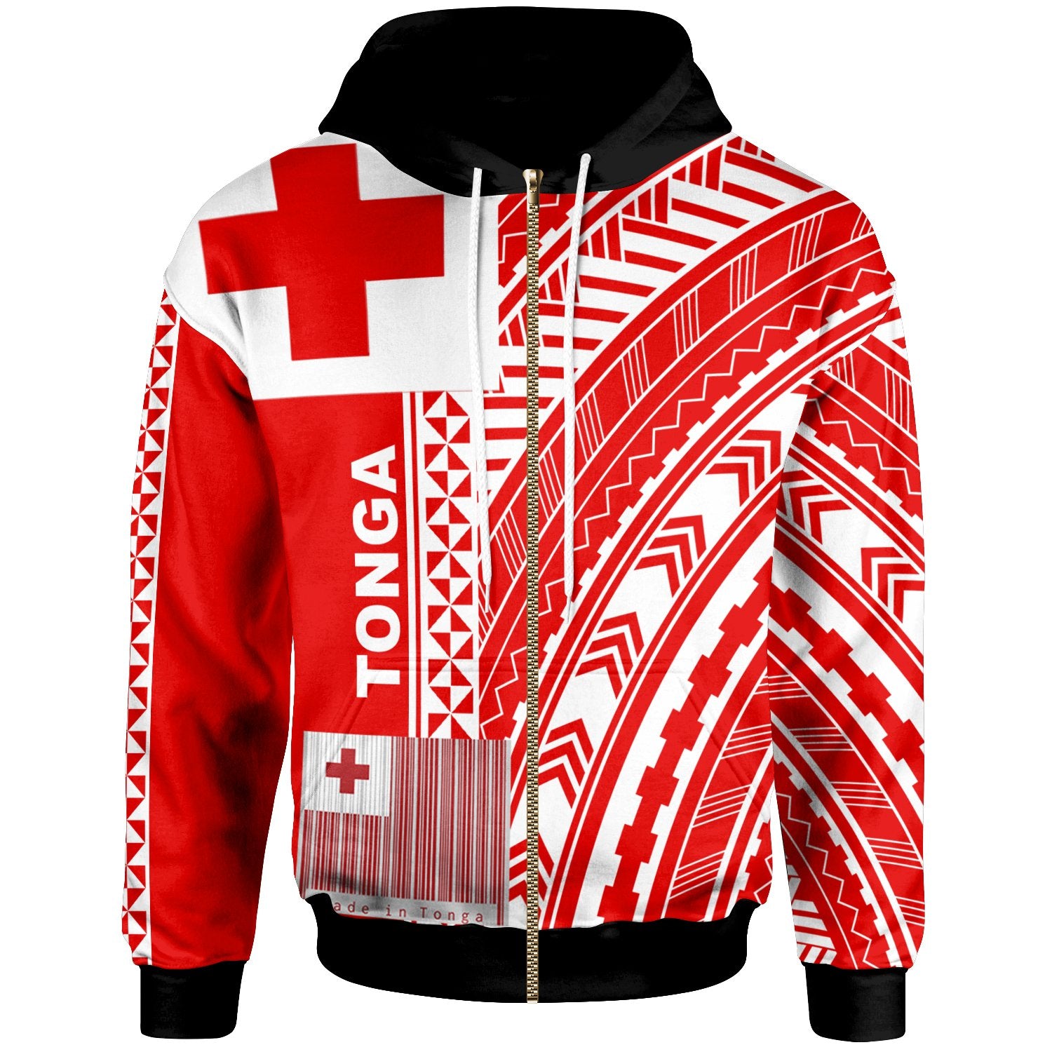 Tonga Zip up Hoodie Unique Barcode White Red Unisex Red - Polynesian Pride