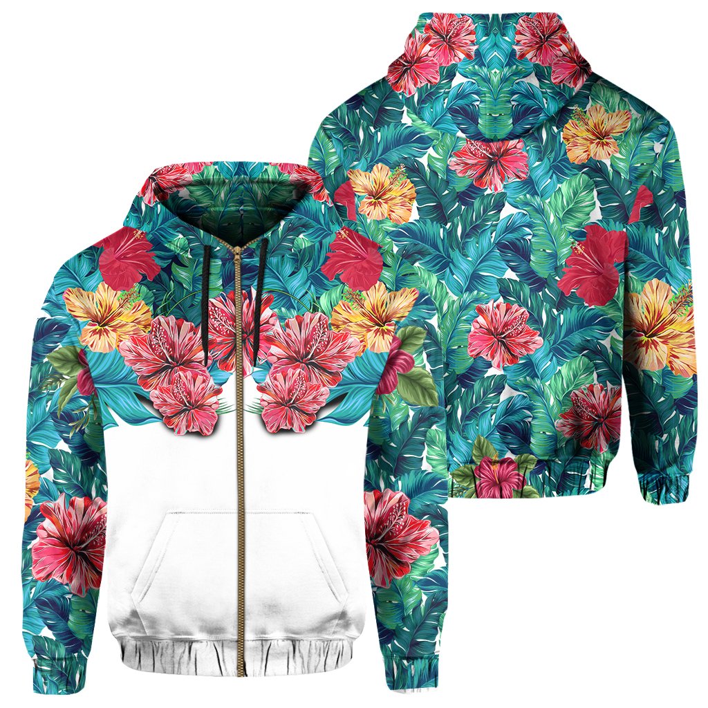 Tropical Hibiscus Hawaii Zip Hoodie White Unisex White - Polynesian Pride