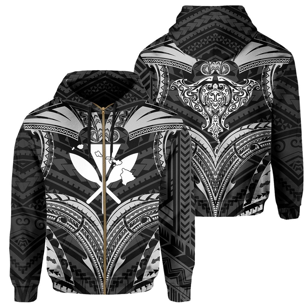 Polynesian Kanaka Shark Turtle Manta Ray Map of Hawaii Zip Hoodie Unisex White - Polynesian Pride