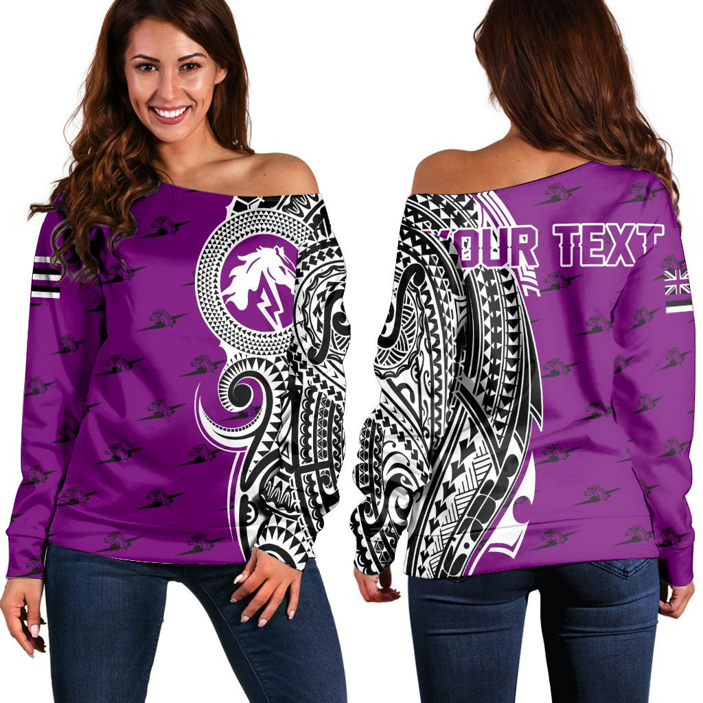 (Personalised) Hawaii - Pearl City High Tribal Kakau Women's Off Shoulder Sweatshirt AH Purple - Polynesian Pride