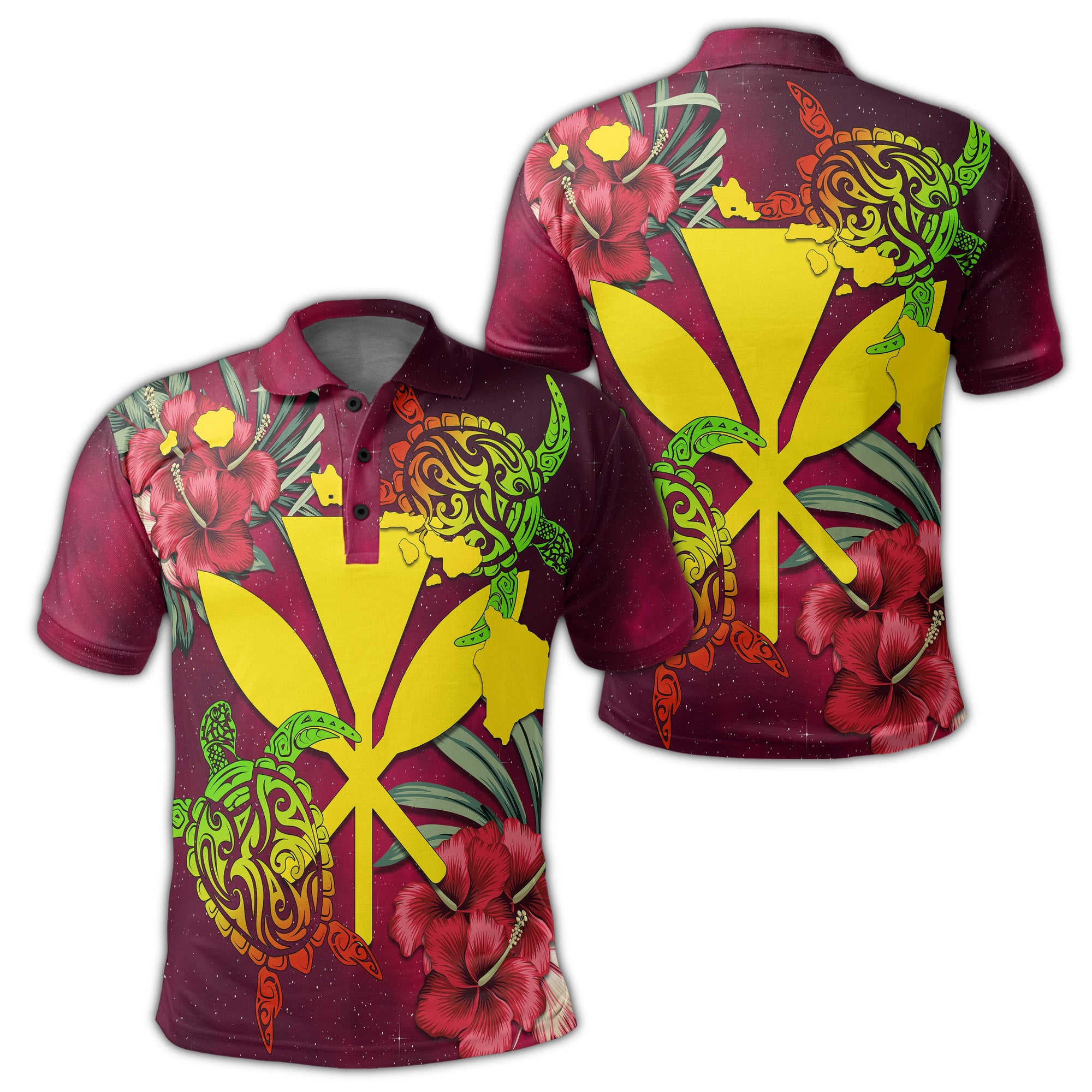 Kanaka Map Turtle Hibiscus Polo Shirt Red Velvet AH Unisex Red - Polynesian Pride