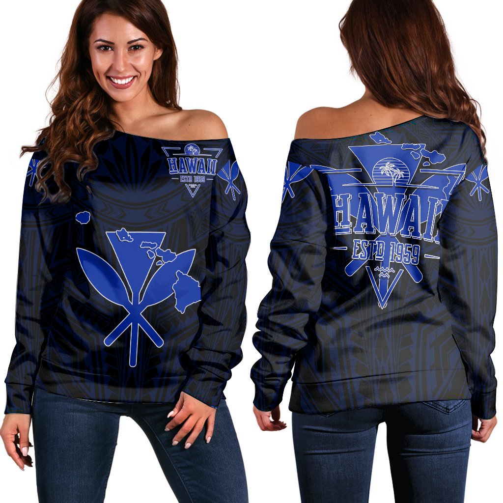 Kanaka Map Polynesian Women's Off Shoulder Sweater - Blue Heart - AH Black - Polynesian Pride