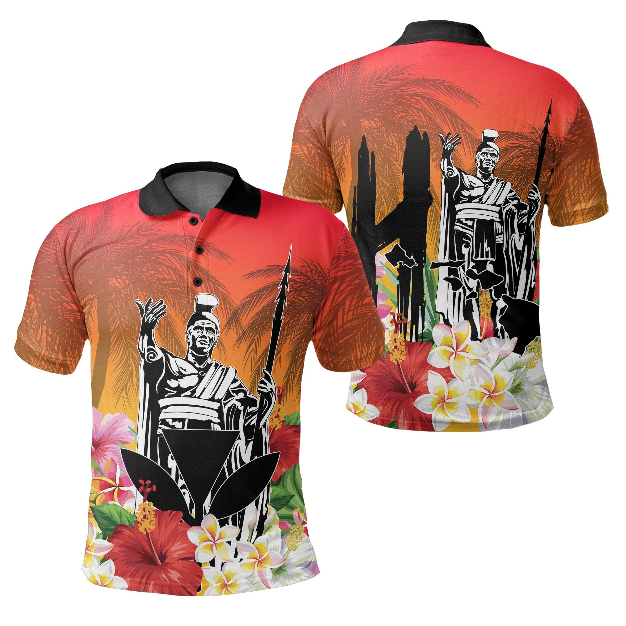 Hawaii Summer King Hibiscus Plumeria Polo Shirt Unisex Orange - Polynesian Pride