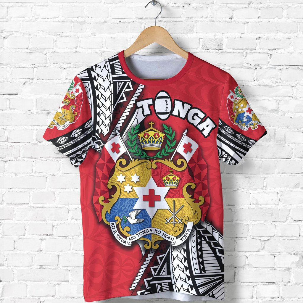 Custom Tonga Rugby T Shirt Polynesian Style Pinwheel Custom Text and Number Unisex Red - Polynesian Pride