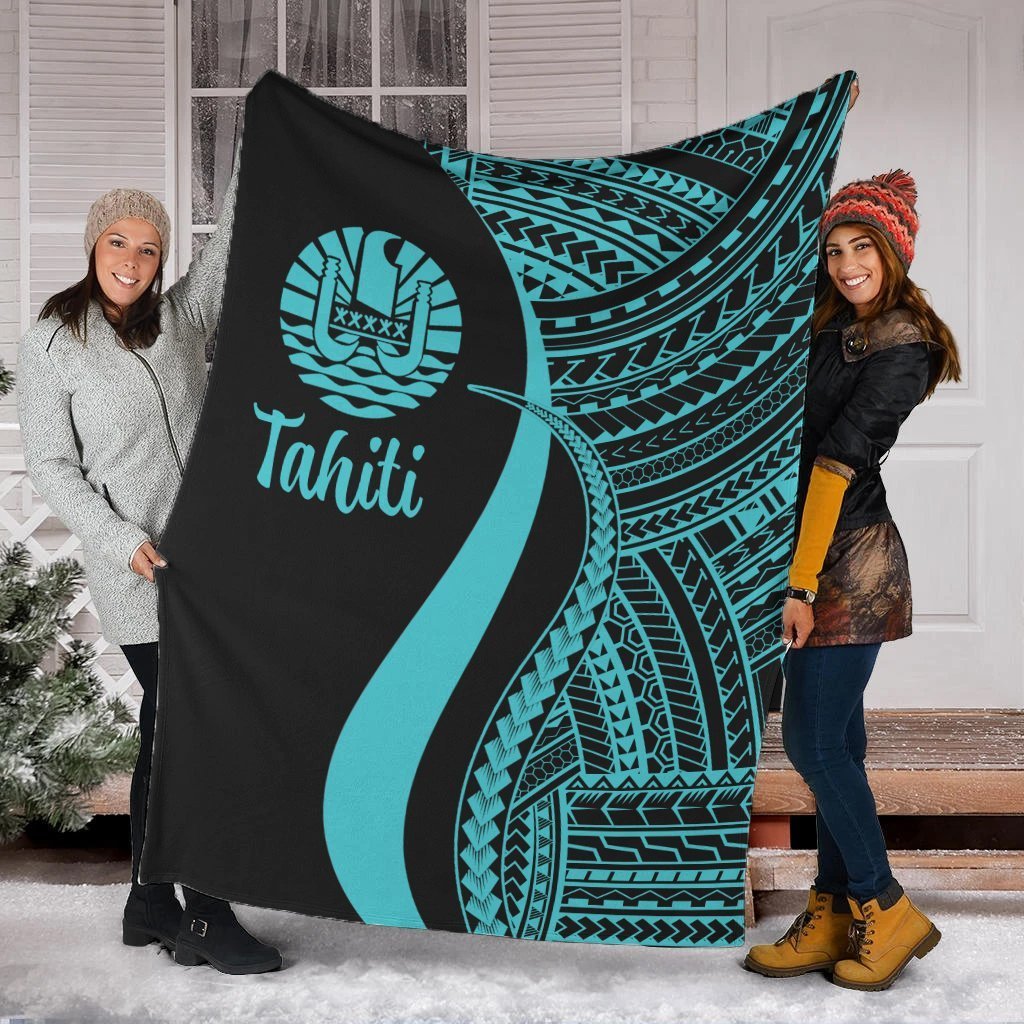 Tahiti Premium Blanket - Turquoise Polynesian Tentacle Tribal Pattern White - Polynesian Pride