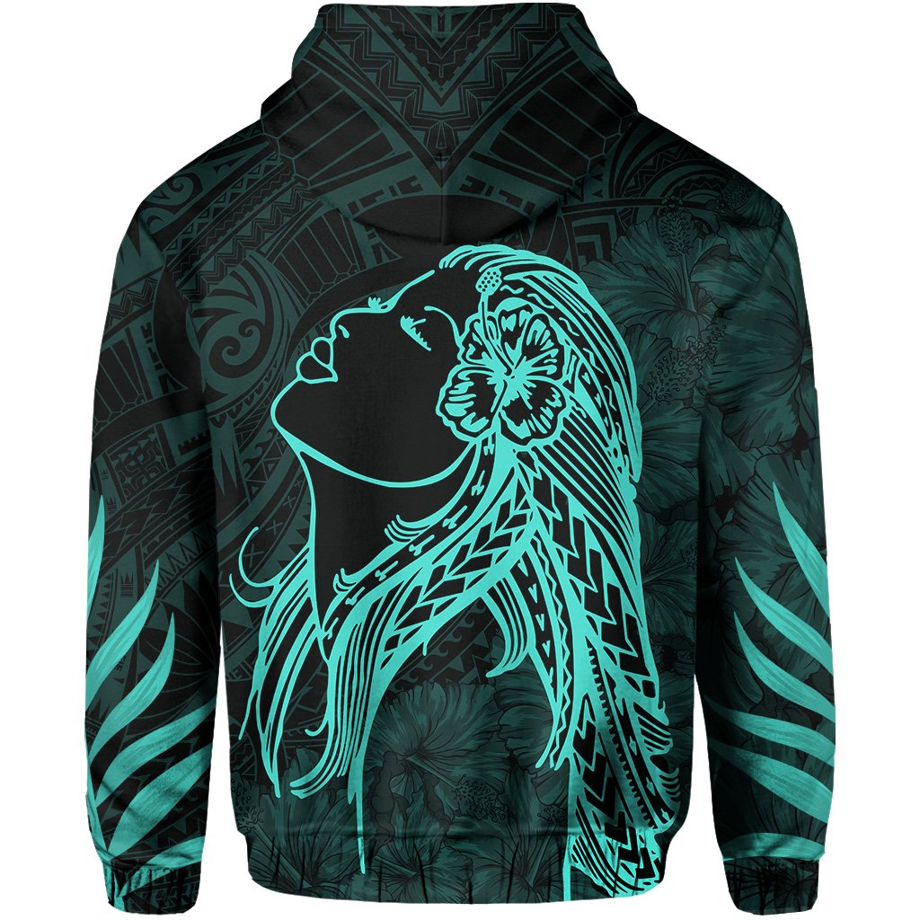 Polynesian Tropic Hula Girl Hibiscus Hawaii Zip Hoodie Turquoise - Polynesian Pride