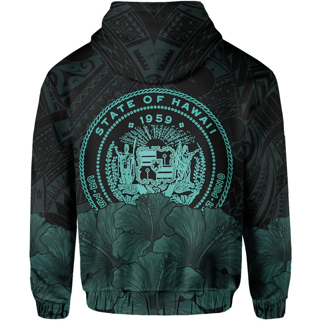 Polynesian Hibiscus Seal of Hawaii Zip Hoodie Turquoise - Polynesian Pride