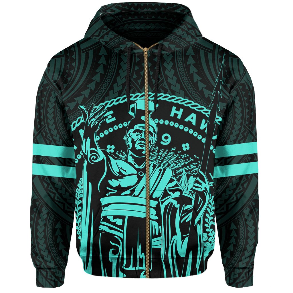 Polynesian King Kanaka Map Seal of Hawaii Zip Hoodie Turquoise - Polynesian Pride