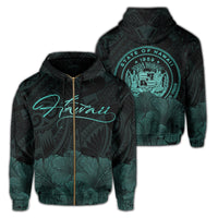 Polynesian Hibiscus Seal of Hawaii Zip Hoodie Turquoise Unisex Turquoise - Polynesian Pride