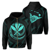 Polynesian Kanaka Shaka Map of Hawaii Zip Hoodie Turquoise Unisex Turquoise - Polynesian Pride