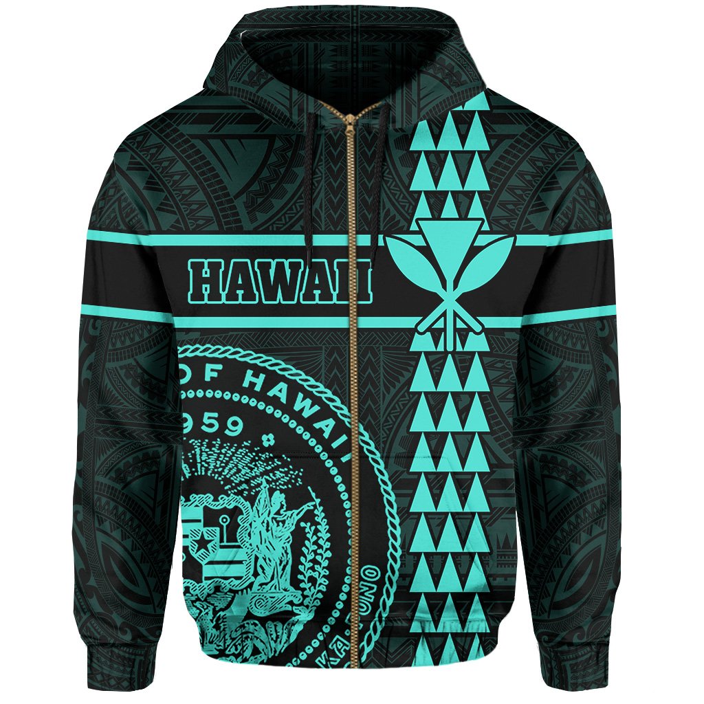 Polynesian Kakau Kanaka Seal of Hawaii Zip Hoodie Turquoise - Polynesian Pride