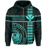 Polynesian Kakau Kanaka Seal of Hawaii Zip Hoodie Turquoise - Polynesian Pride
