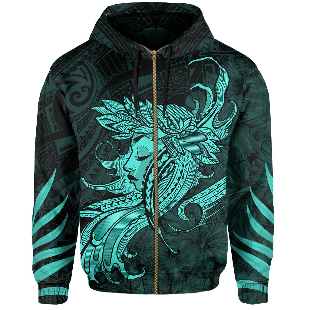 Polynesian Tropic Hula Girl Hibiscus Hawaii Zip Hoodie Turquoise - Polynesian Pride