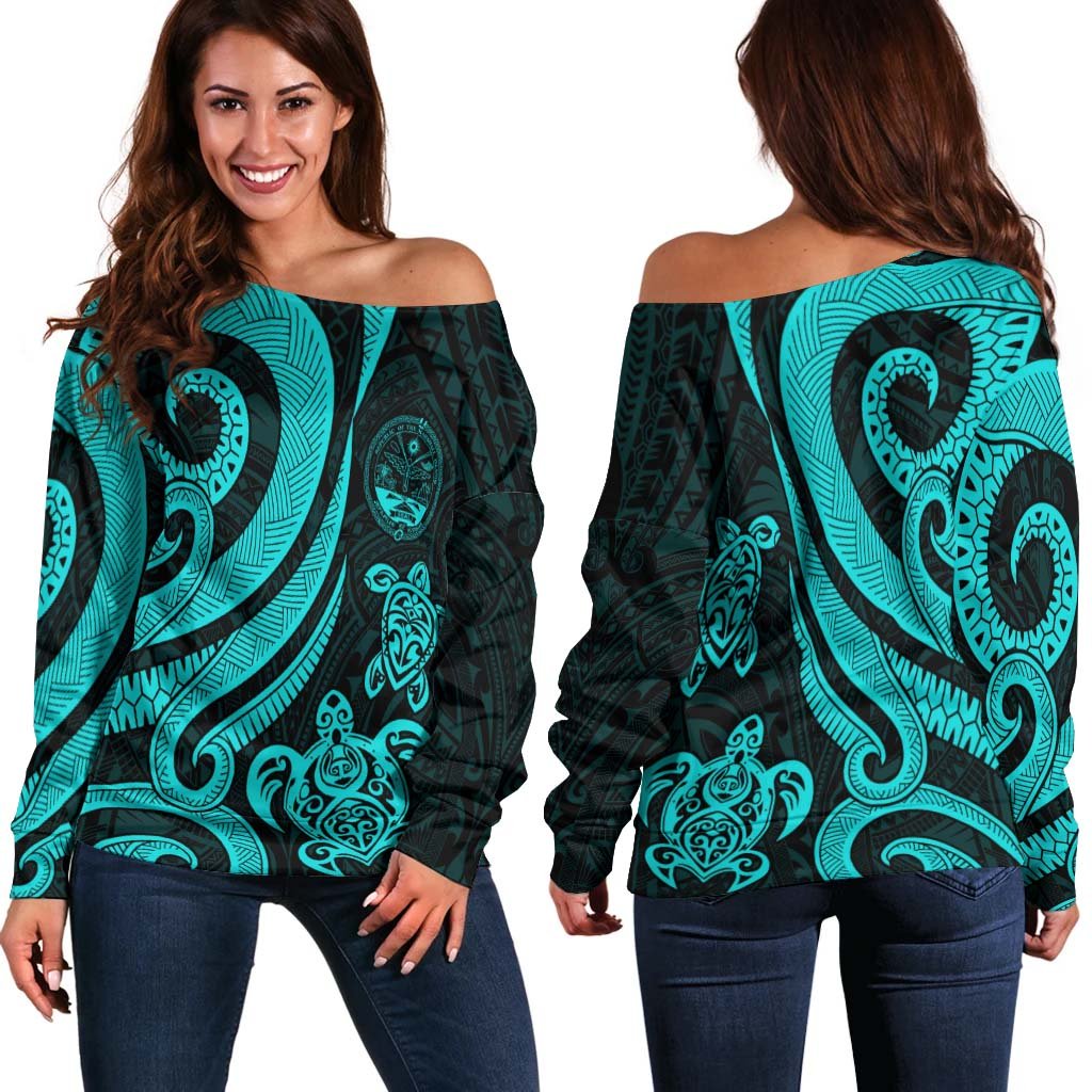 Marshall Islands Women's Off Shoulder Sweater - Turquoise Tentacle Turtle Crest Turquoise - Polynesian Pride