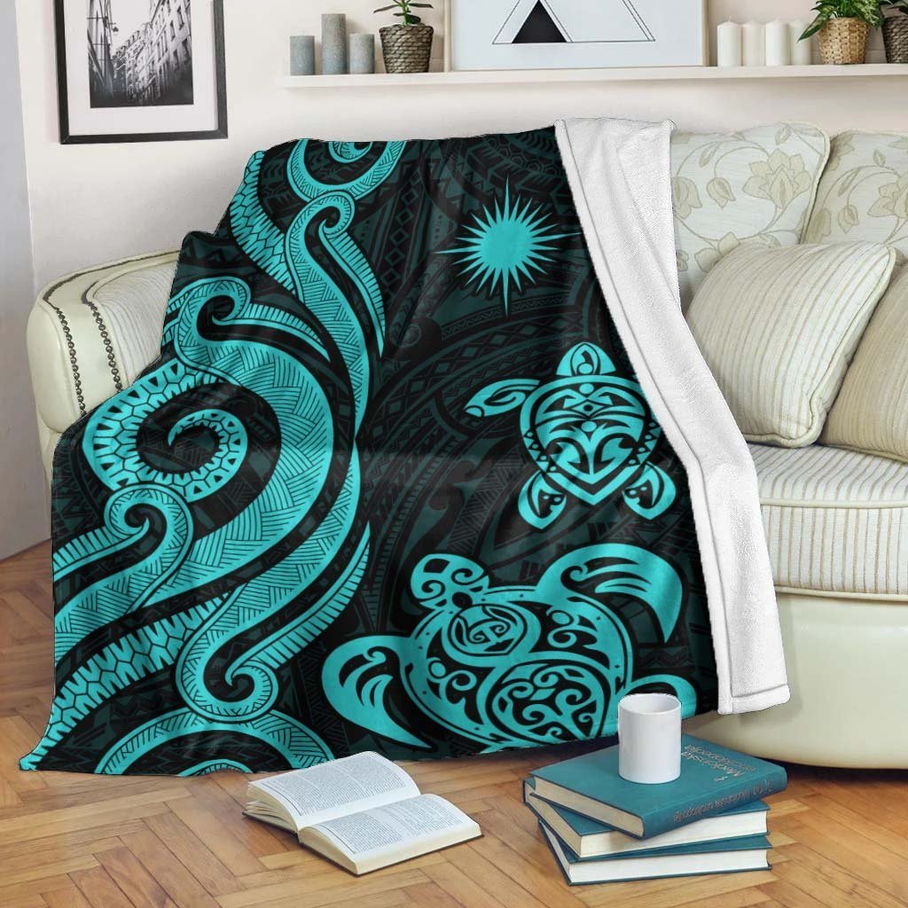 Marshall Islands Premium Blanket - Turquoise Tentacle Turtle Crest White - Polynesian Pride