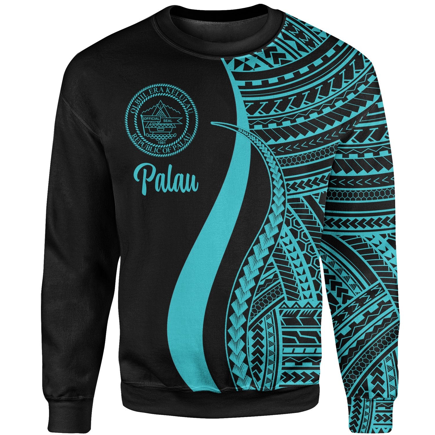 Palau Sweatshirt - Turquoise Polynesian Tentacle Tribal Pattern Crest Unisex Turquoise - Polynesian Pride