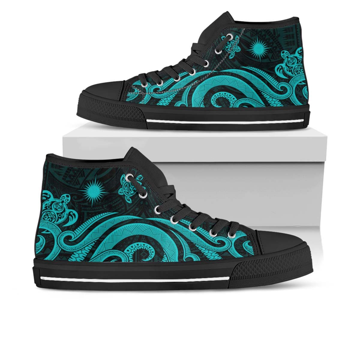 Marshall Islands High Top Shoes - Turquoise Tentacle Turtle Unisex Black - Polynesian Pride