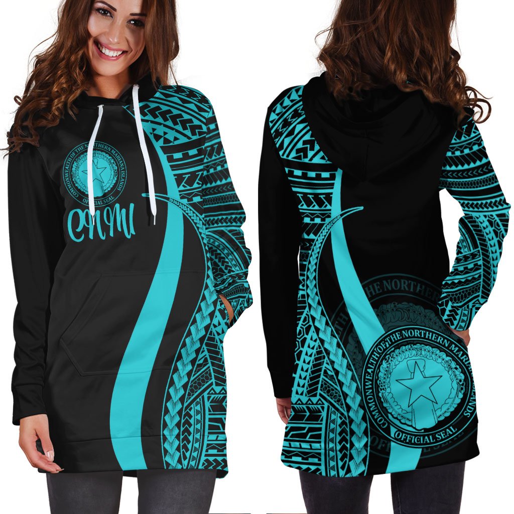 Northern Mariana Islands Women's Hoodie Dress - Turquoise Polynesian Tentacle Tribal Pattern - Polynesian Pride