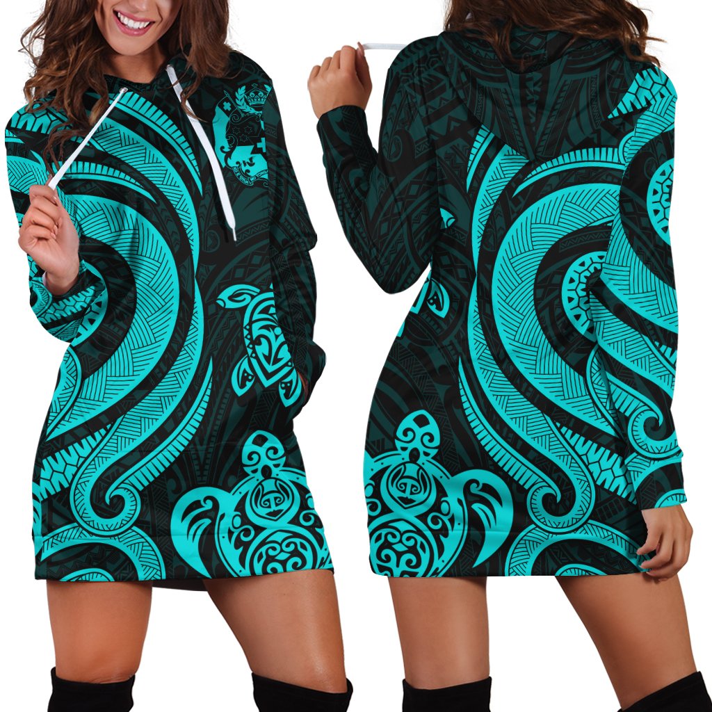 Tonga Women Hoodie Dress - Turquoise Tentacle Turtle Turquoise - Polynesian Pride