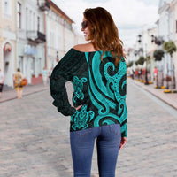 Tuvalu Women's Off Shoulder Sweater - Turquoise Tentacle Turtle - Polynesian Pride
