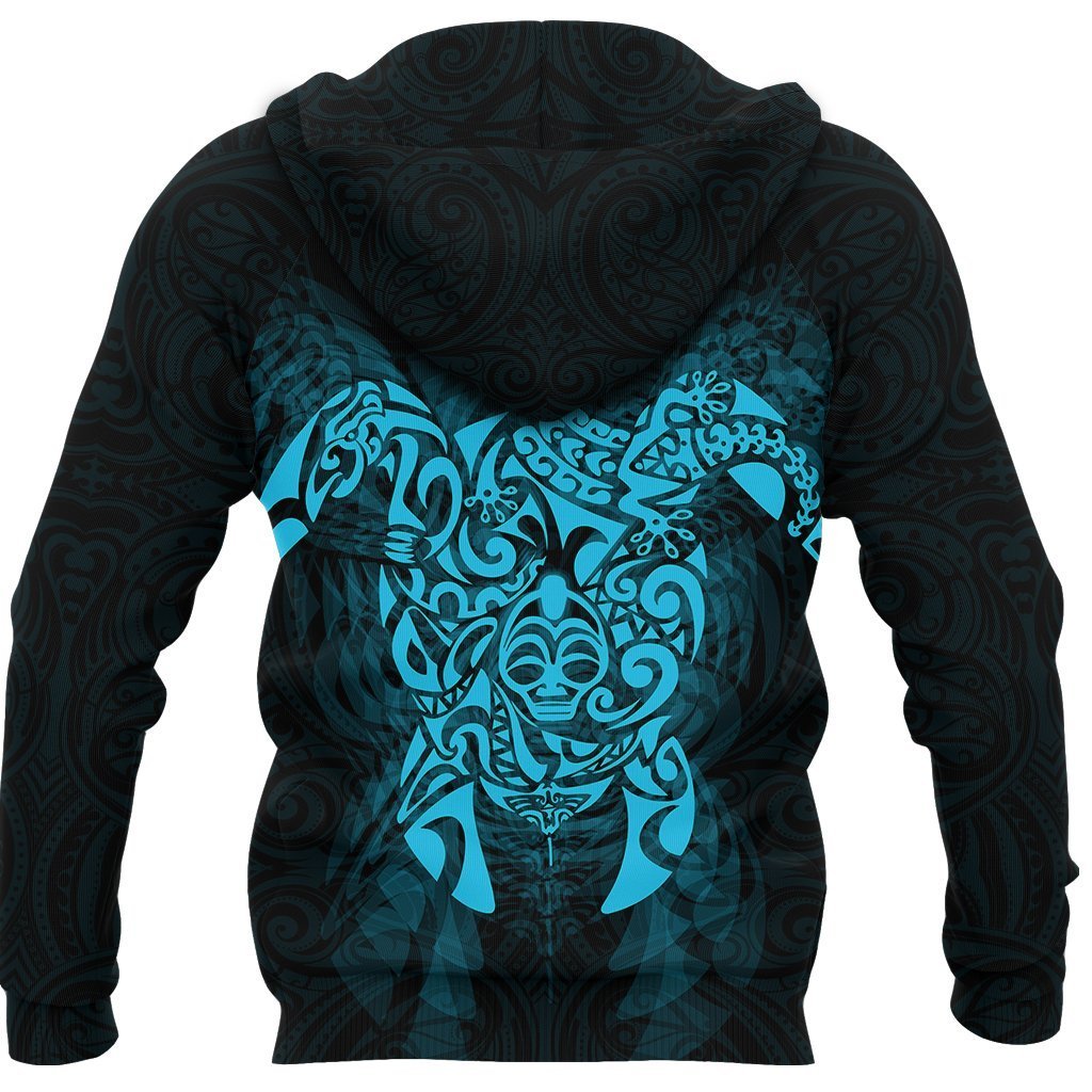 New Zealand Maori Hoodie, Wairua Tattoo Turtle Pullover Hoodie Blue - Polynesian Pride