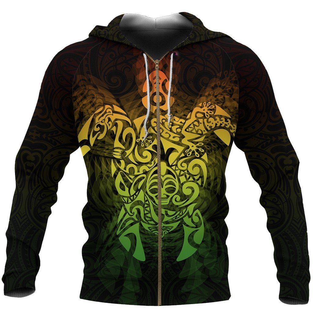 New Zealand Maori Zip up Hoodie, Wairua Tattoo Turtle Zipper Hoodie Rasta Unisex Black - Polynesian Pride