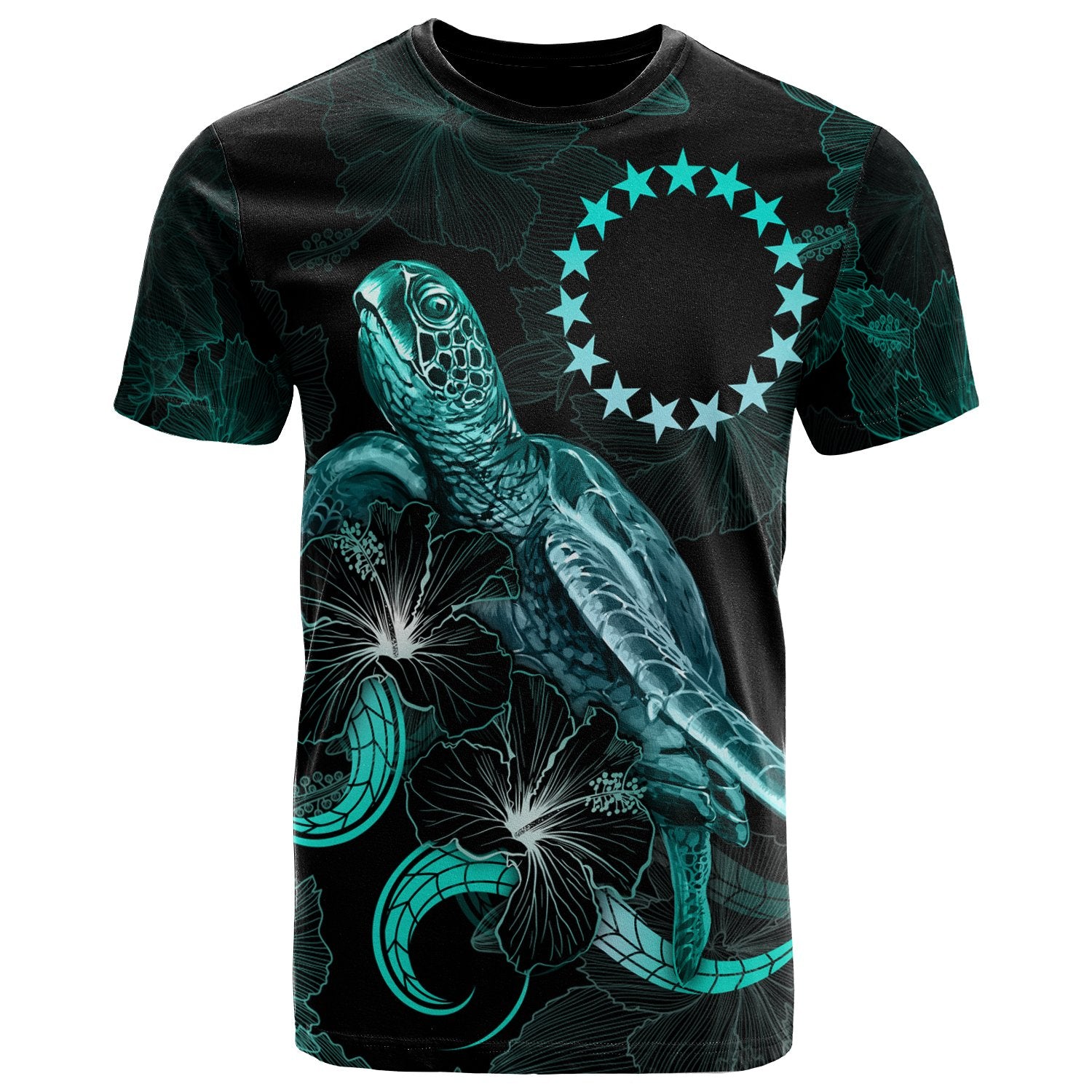 Cook Islands Polynesian T Shirt Turtle With Blooming Hibiscus Turquoise Unisex Art - Polynesian Pride