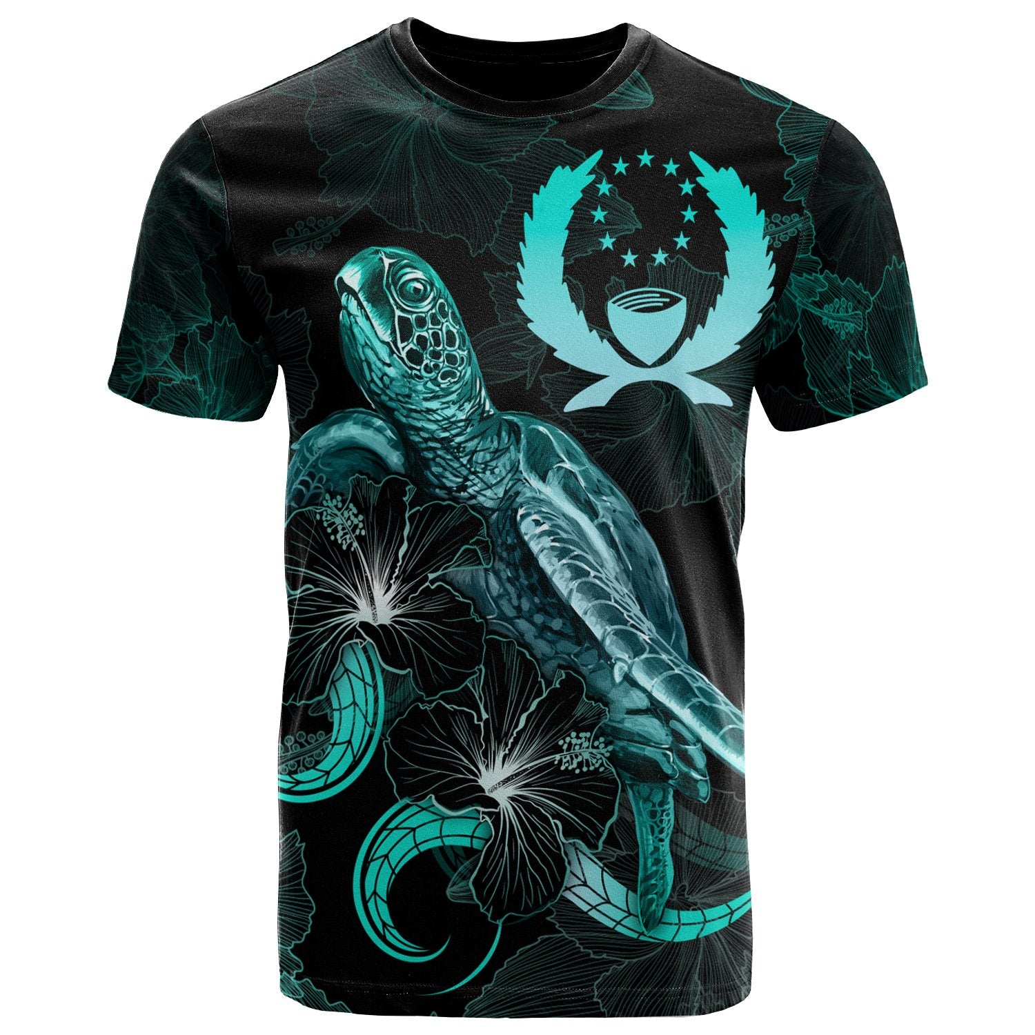 Pohnpei Polynesian T Shirt Turtle With Blooming Hibiscus Turquoise Unisex Art - Polynesian Pride