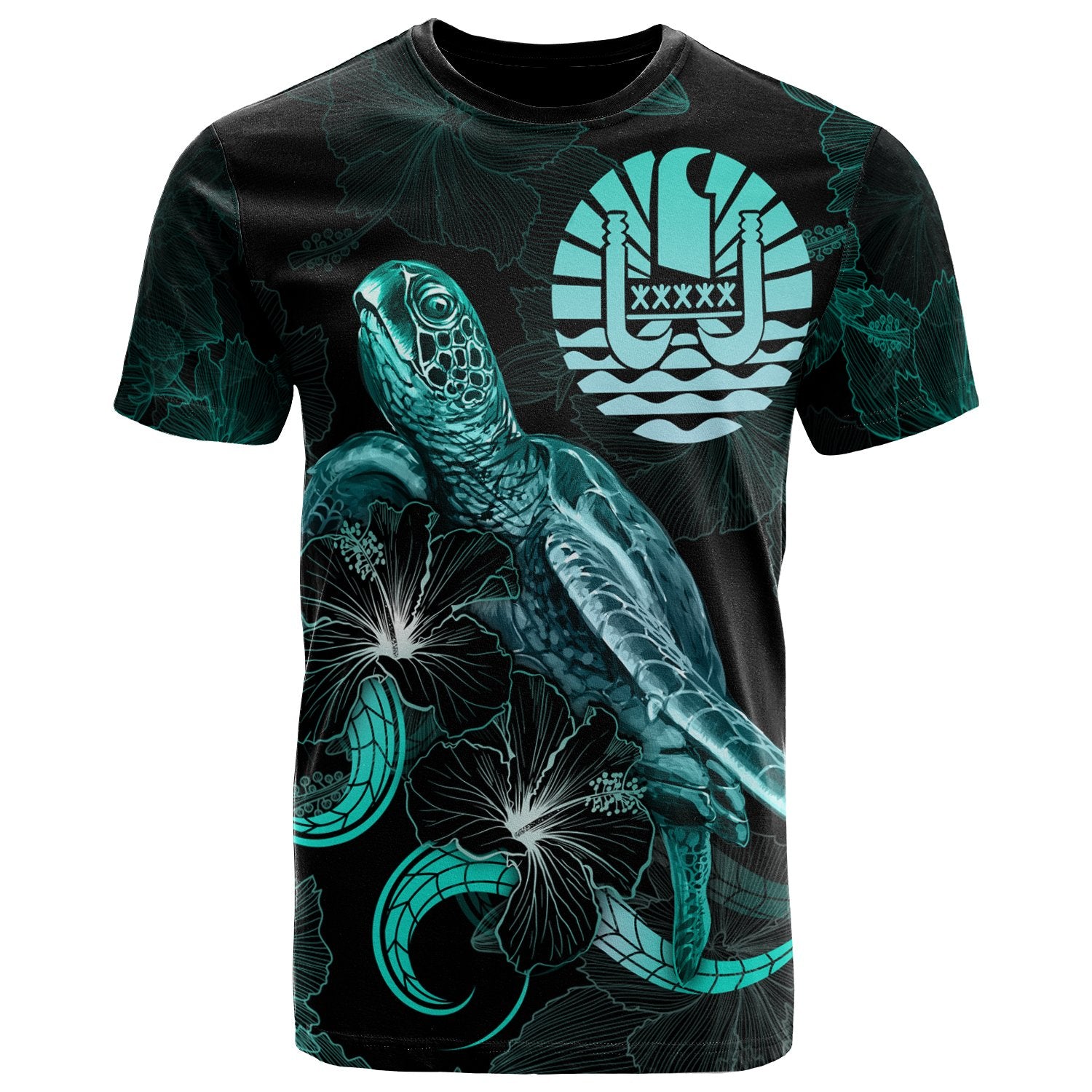 Tahiti Polynesian T Shirt Turtle With Blooming Hibiscus Turquoise Unisex Art - Polynesian Pride