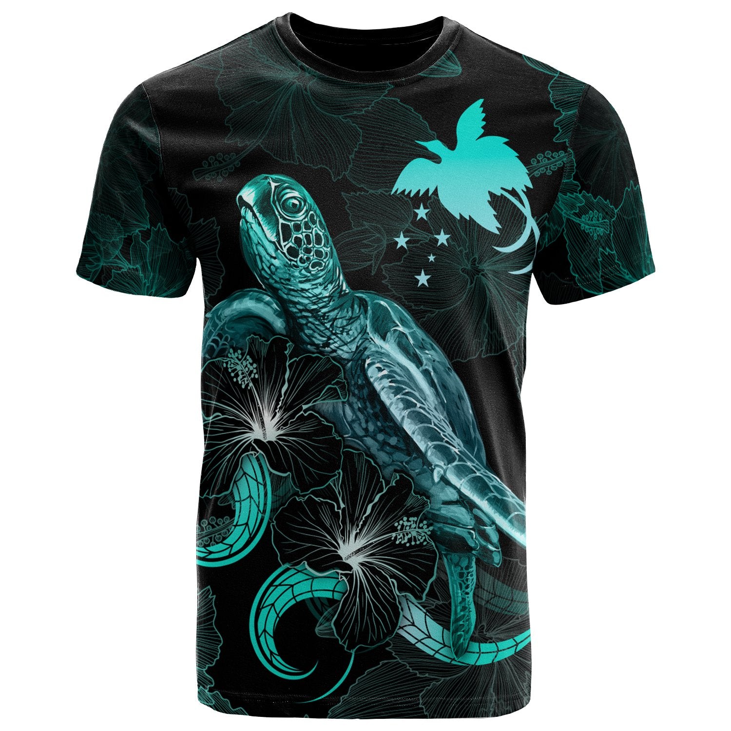 Papua New Guinea Polynesian T Shirt Turtle With Blooming Hibiscus Turquoise Unisex Art - Polynesian Pride