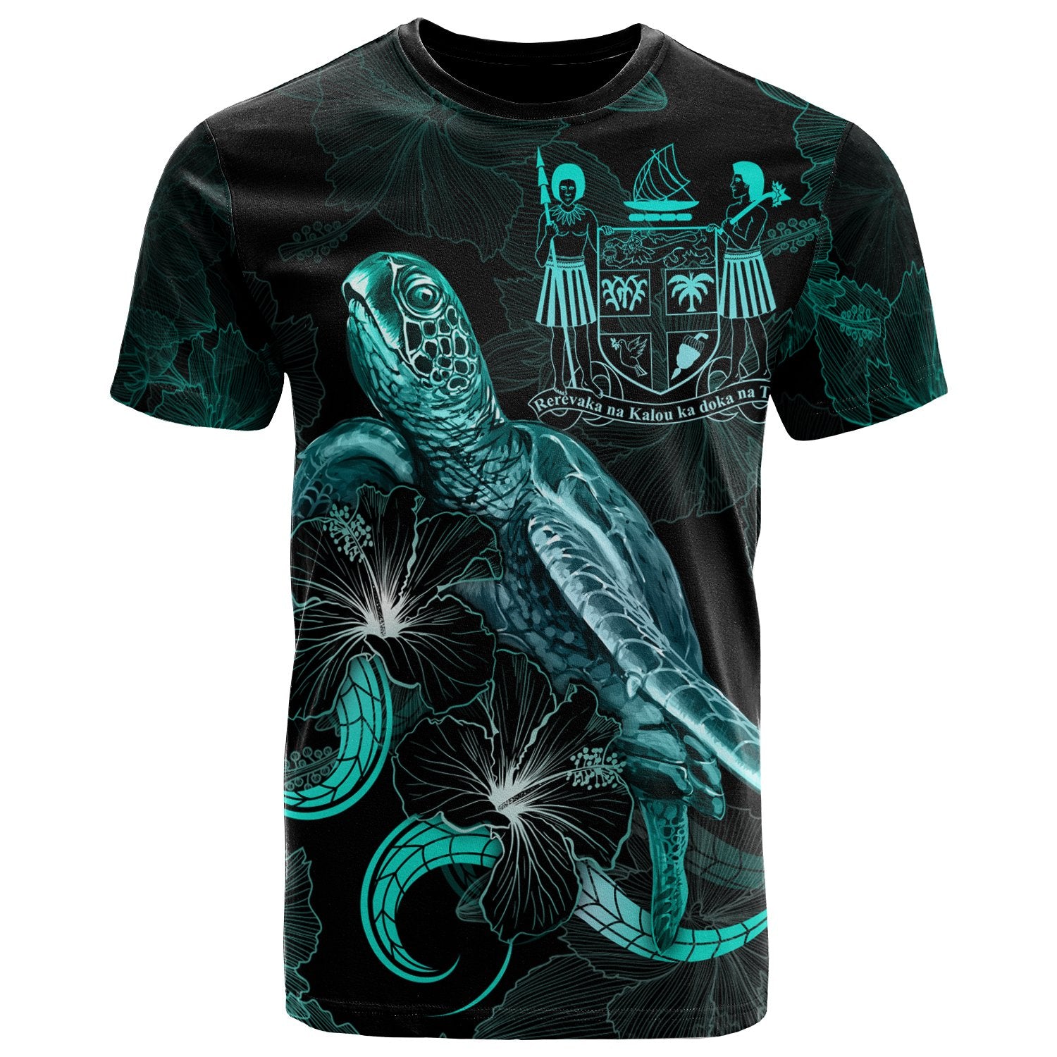 Fiji Polynesian T Shirt Turtle With Blooming Hibiscus Turquoise Unisex Art - Polynesian Pride