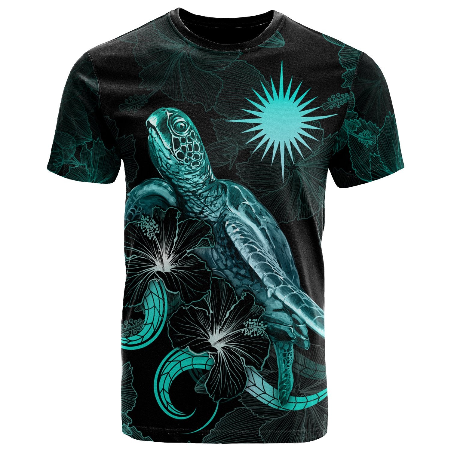 Marshall Islands Polynesian T Shirt Turtle With Blooming Hibiscus Turquoise Unisex Art - Polynesian Pride