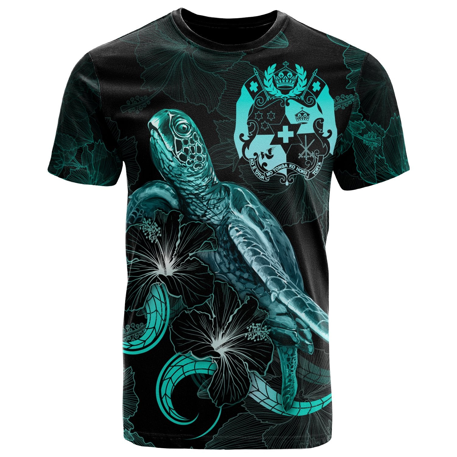 Tonga Polynesian T Shirt Turtle With Blooming Hibiscus Turquoise Unisex Art - Polynesian Pride