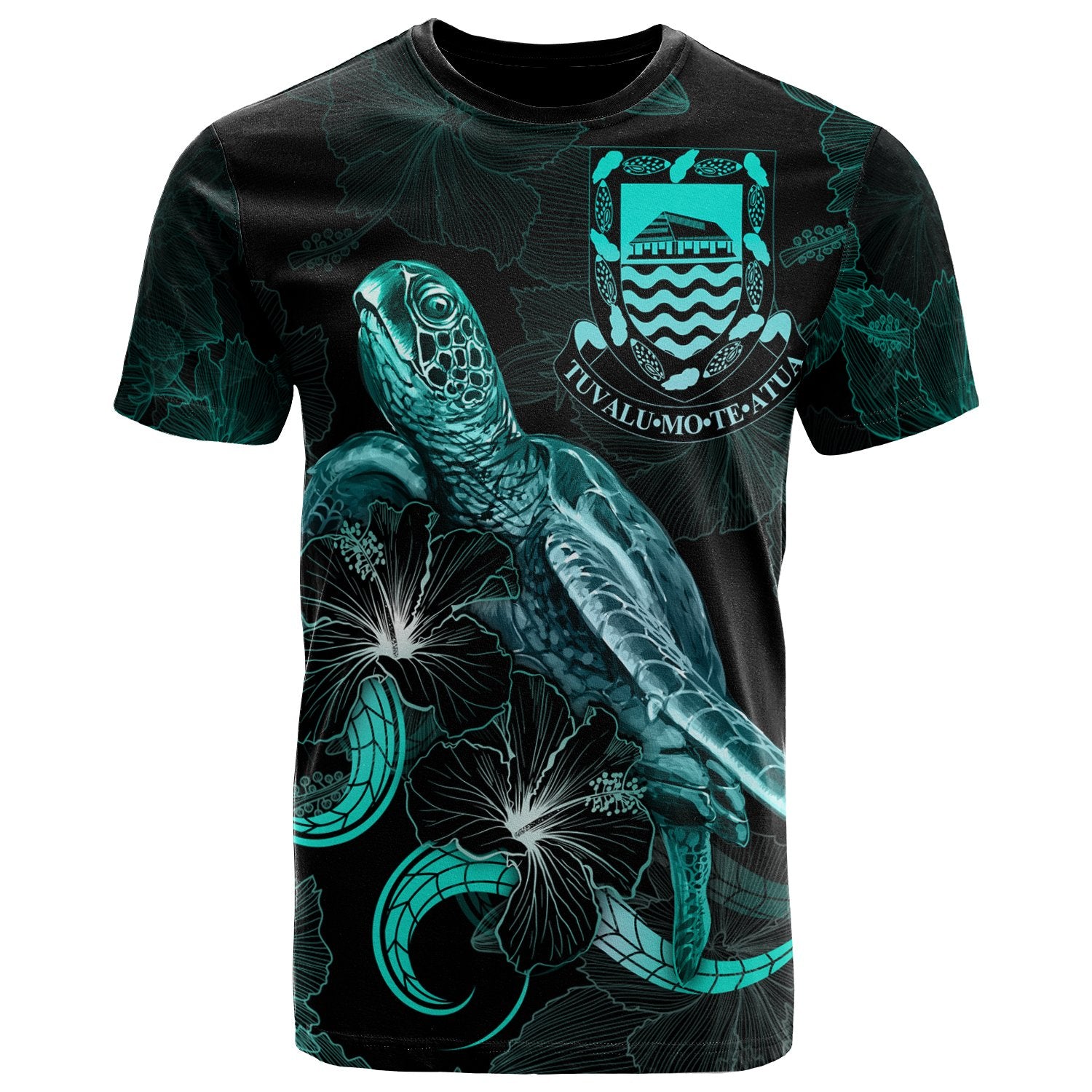 Tuvalu Polynesian T Shirt Turtle With Blooming Hibiscus Turquoise Unisex Art - Polynesian Pride