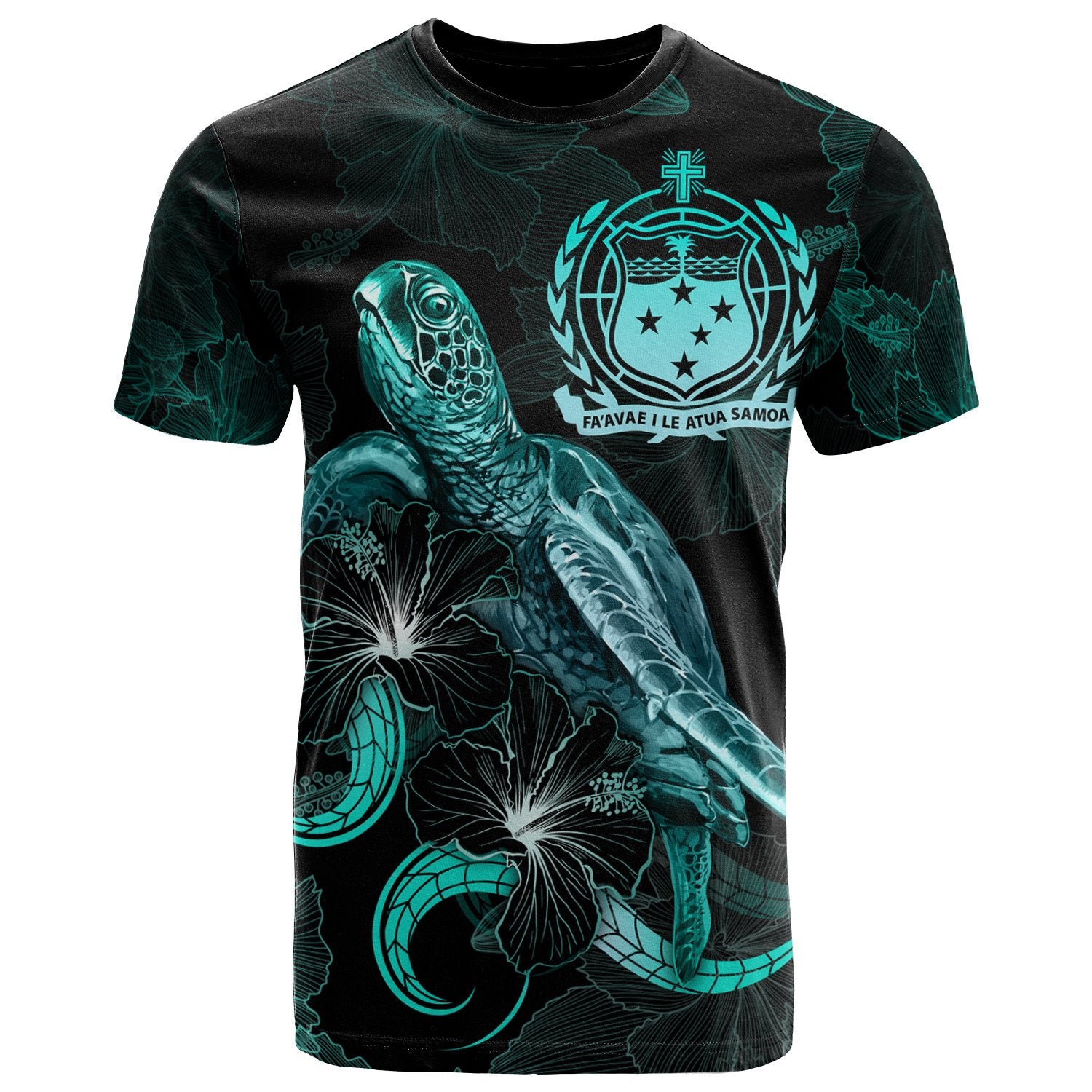 Samoa Polynesian T Shirt Turtle With Blooming Hibiscus Turquoise Unisex Art - Polynesian Pride