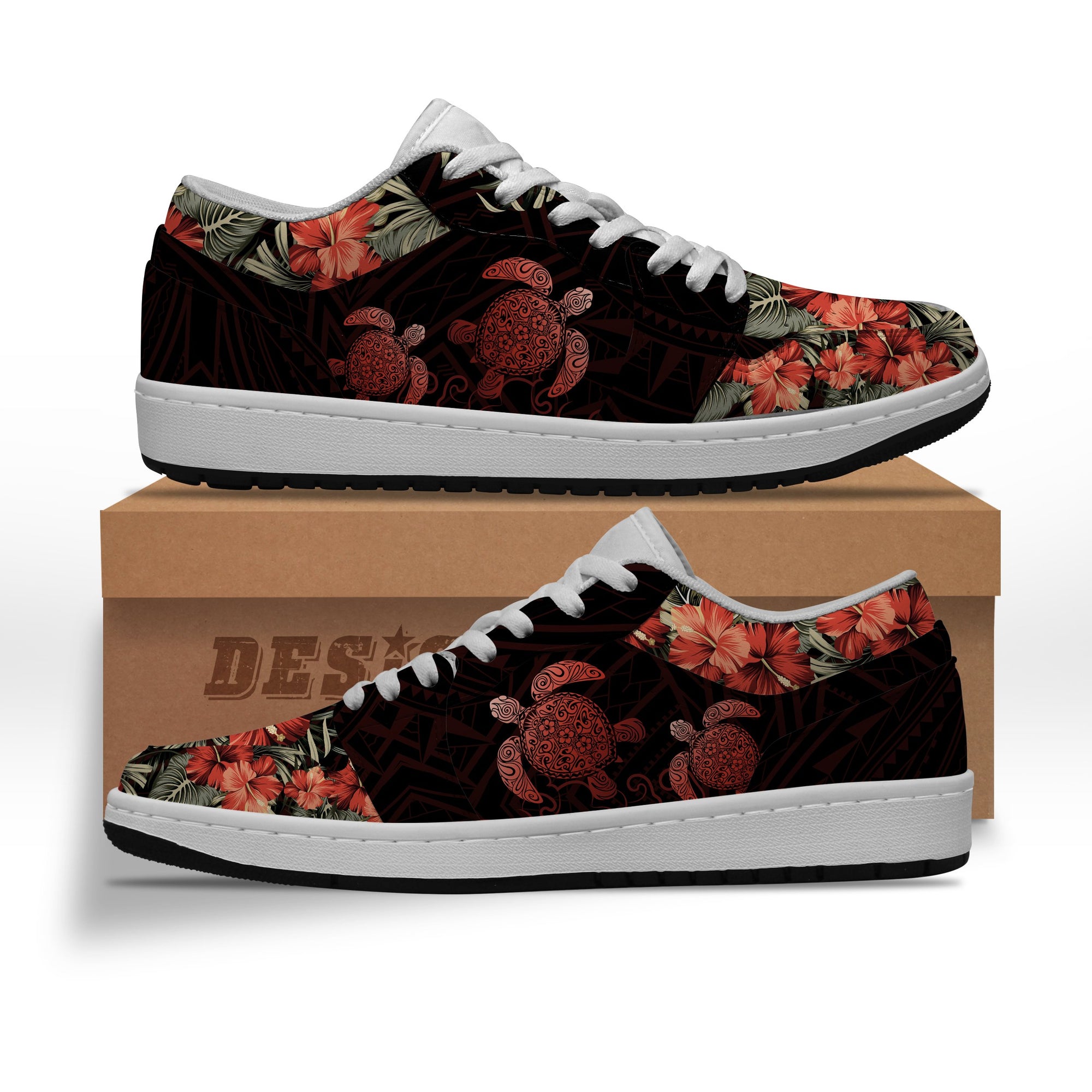 Hawaii Turtle Hibiscus Polynesian Low Sneaker - Tina Style - AH Black - Polynesian Pride