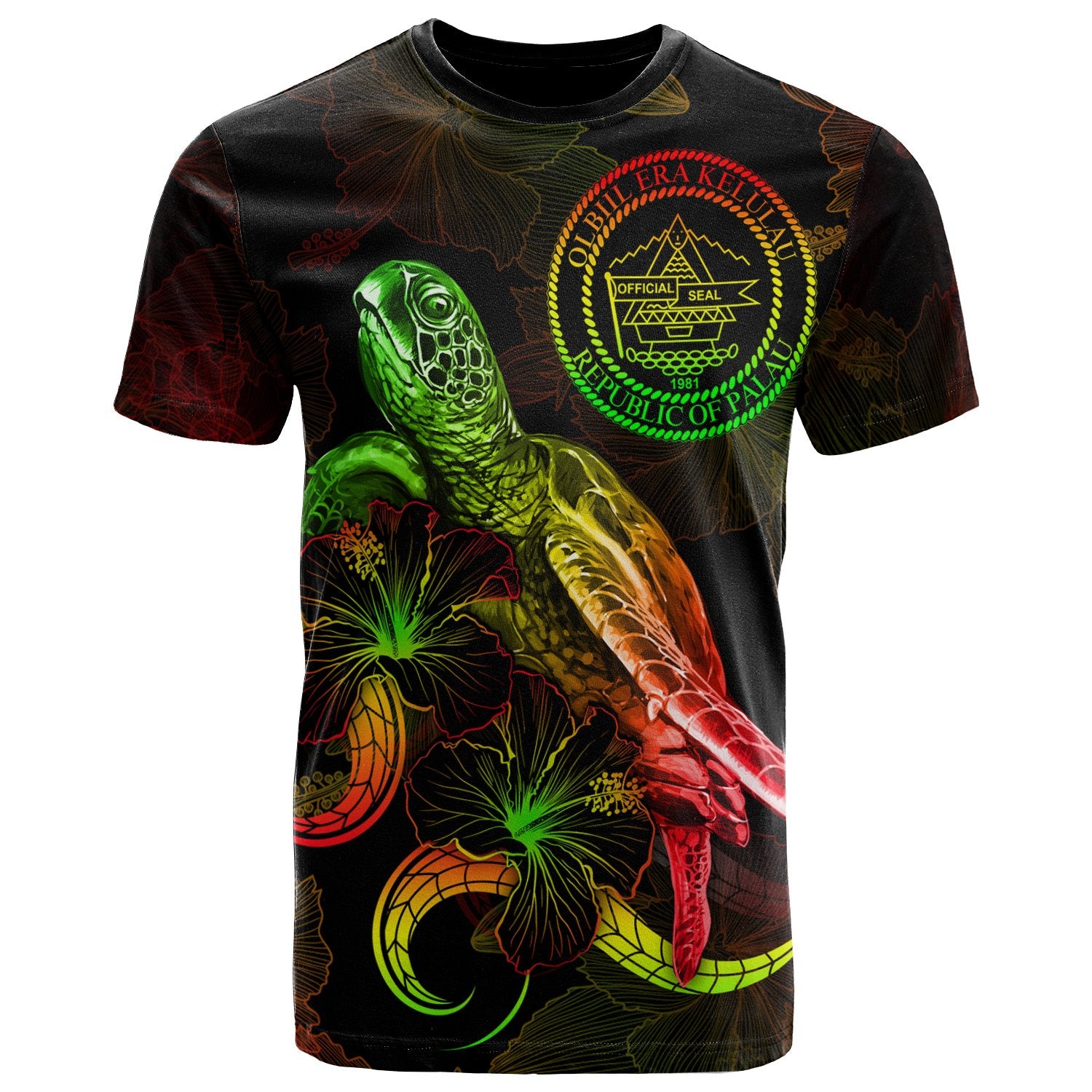 Palau Polynesian T Shirt Turtle With Blooming Hibiscus Reggae Unisex Art - Polynesian Pride