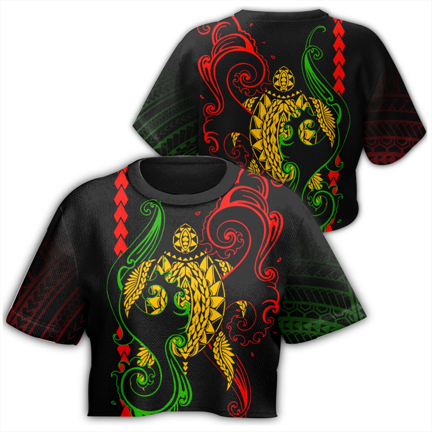 Turtle Sea All - over Print Crop Top T-shirt AH Female Black - Polynesian Pride