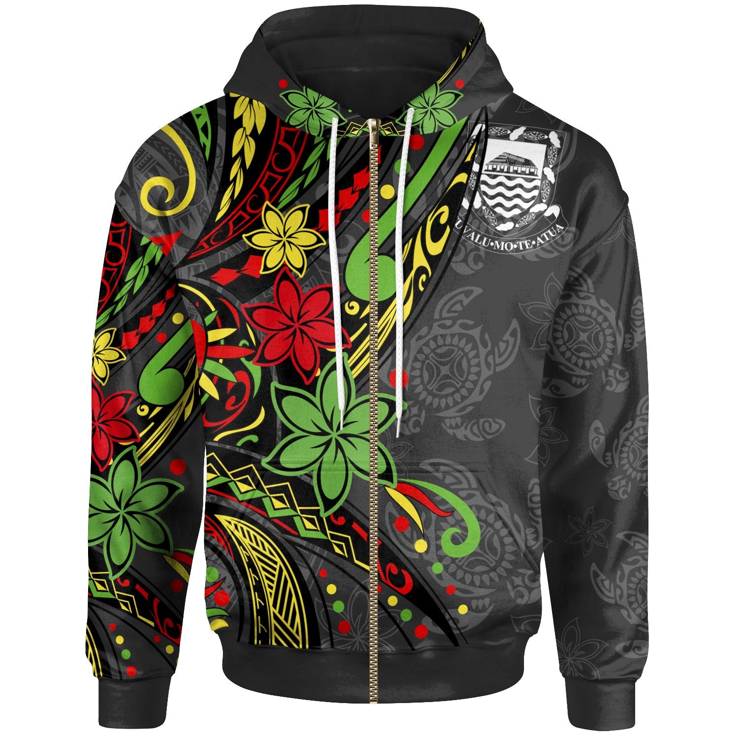 Tuvalu Zip up Hoodie Tribal Flower With Special Turtles Unisex Black - Polynesian Pride