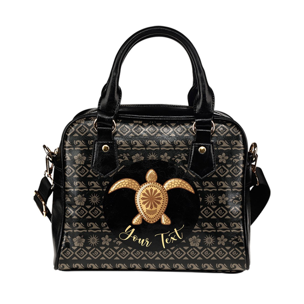 Personalized - Hawaii Turtle Golden Pattern Shoulder Handbag One Size Black - Polynesian Pride