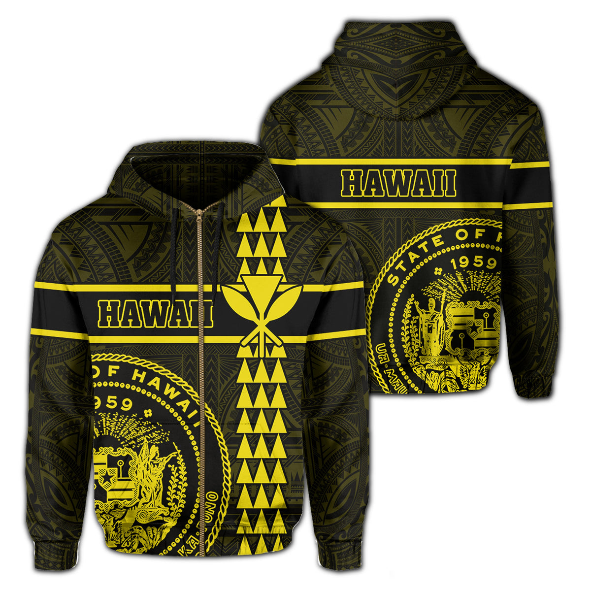 Polynesian Kakau Kanaka Seal of Hawaii Zip Hoodie Yellow Unisex Yellow - Polynesian Pride