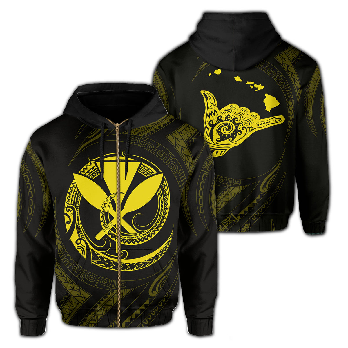 Polynesian Kanaka Shaka Map of Hawaii Zip Hoodie Yellow Unisex Yellow - Polynesian Pride
