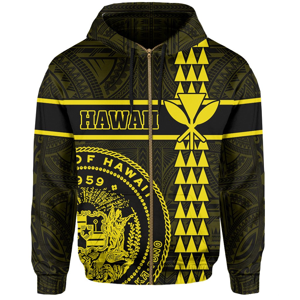 Polynesian Kakau Kanaka Seal of Hawaii Zip Hoodie Yellow - Polynesian Pride