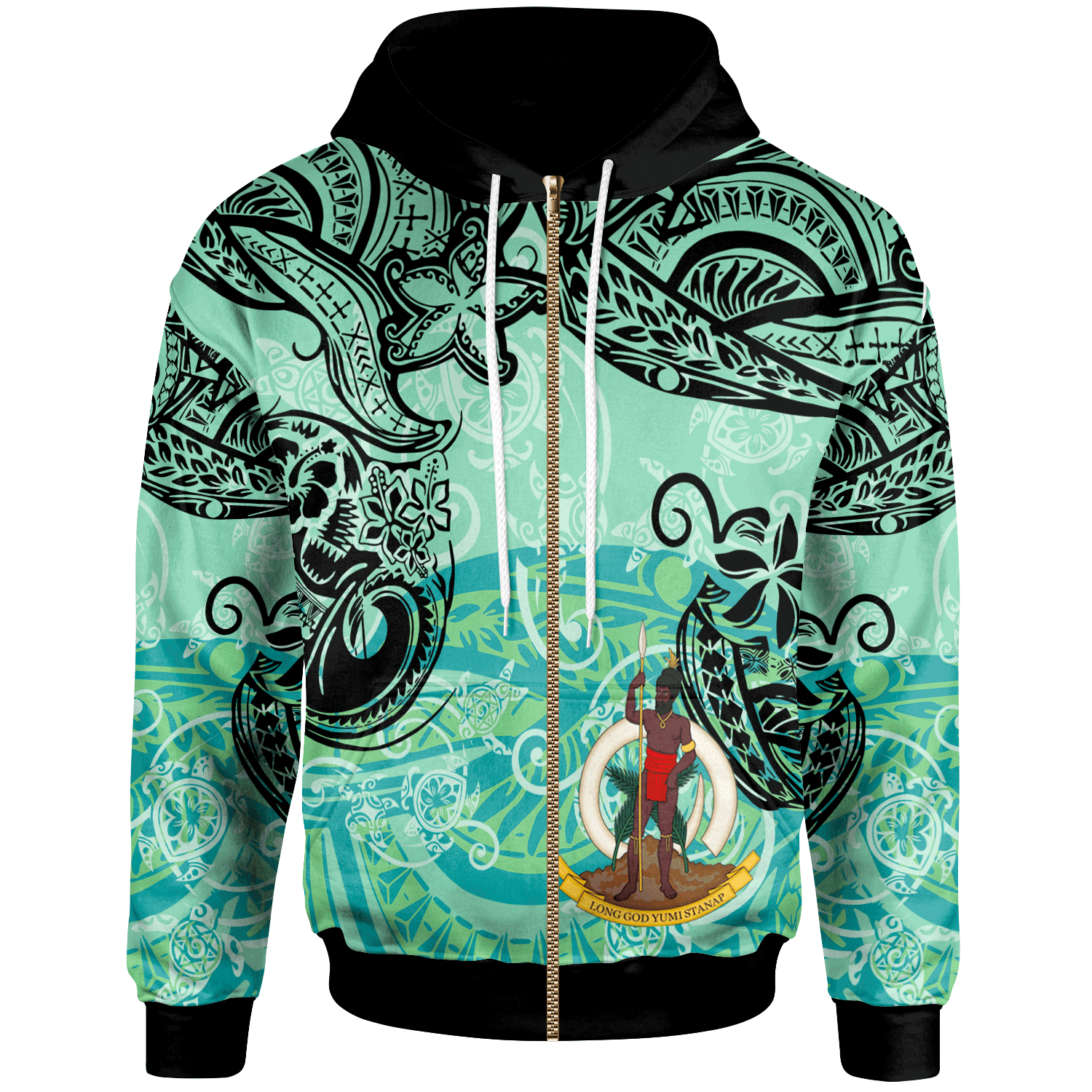 Vanuatu Zip Hoodie Vintage Floral Pattern Green Color Unisex Green - Polynesian Pride