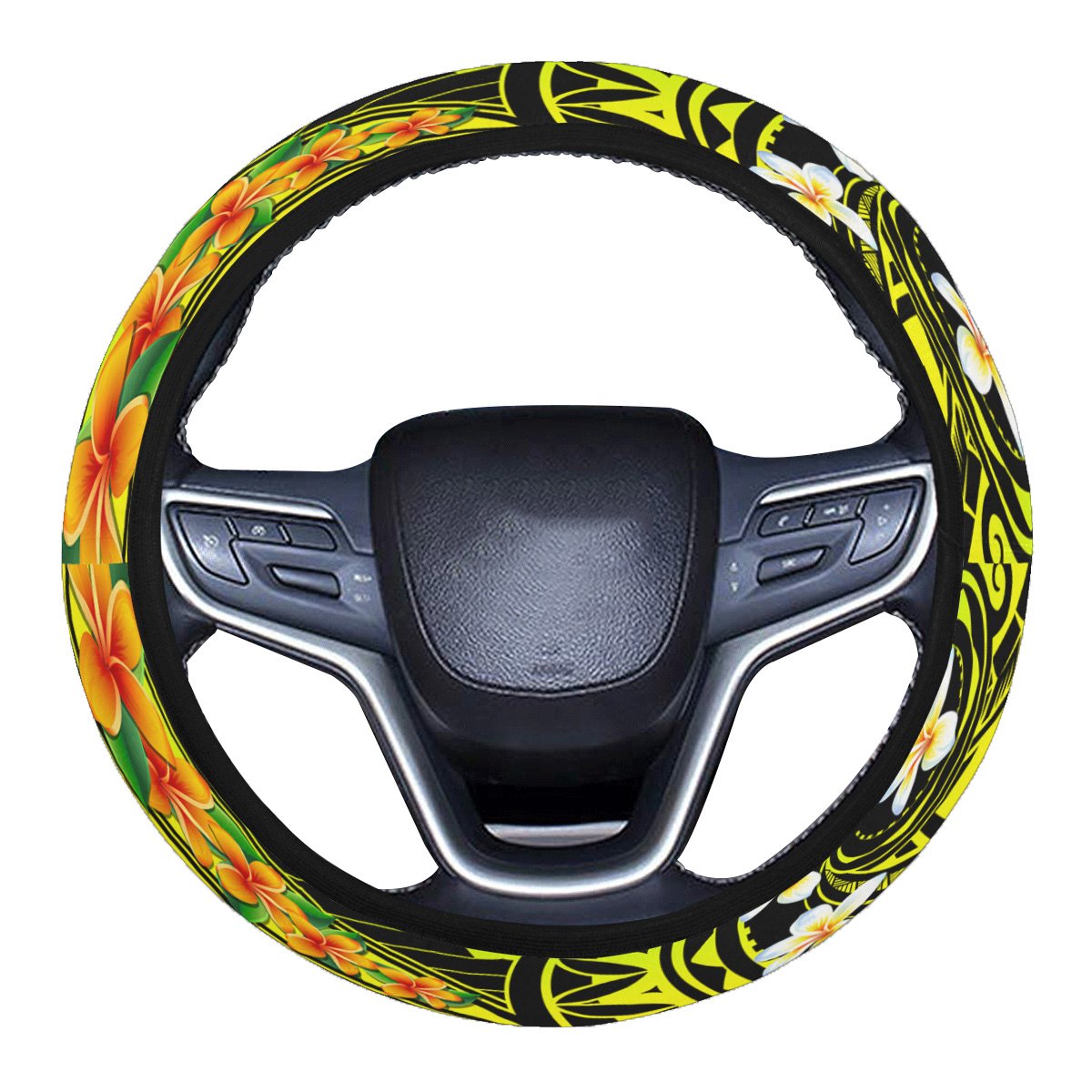 Hawaii Plumeria Polynesian Steering Wheel Covers - Hope - AH One Size Black Steering Wheel Cover - Polynesian Pride