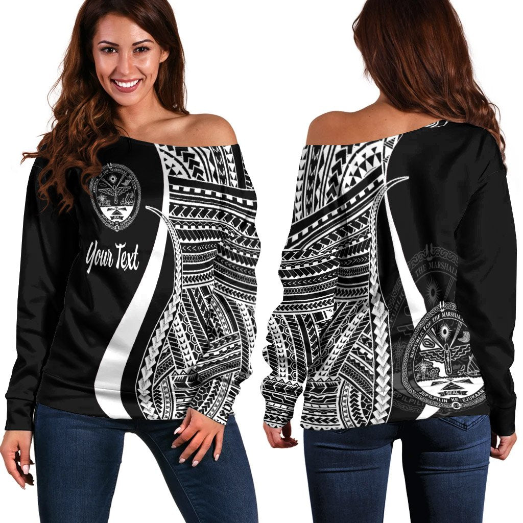 Marshall Islands Custom Personalised Women's Off Shoulder Sweater - White Polynesian Tentacle Tribal Pattern Crest White - Polynesian Pride